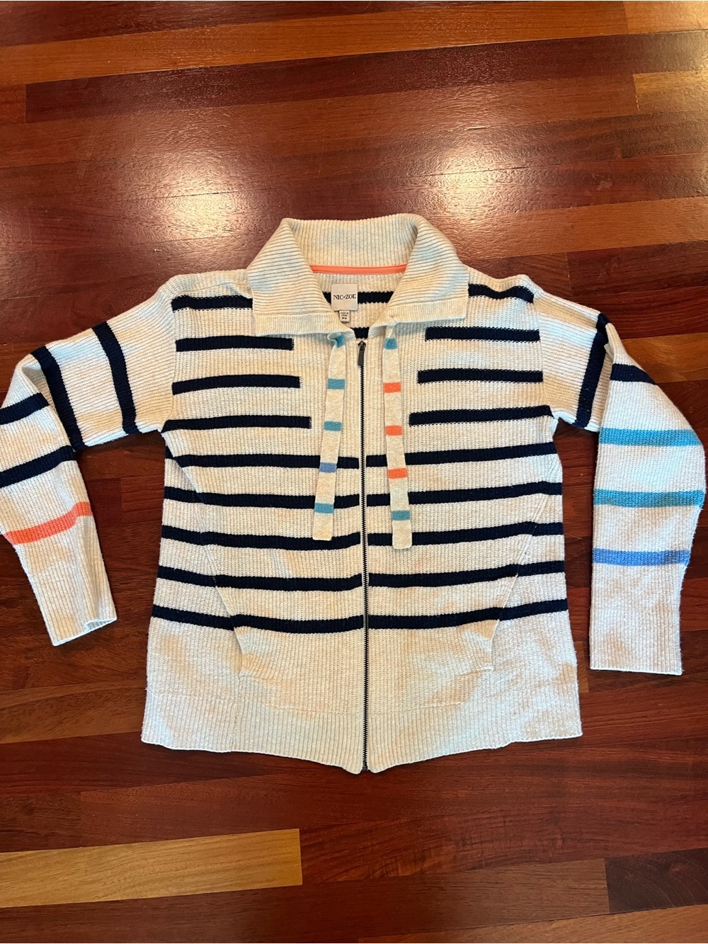 NIC+ZOE Cream & Navy Striped Zip Cardigan with Coral and Sky Blue  Size PS